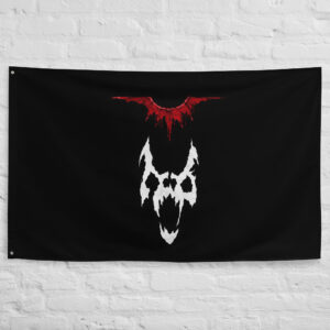 Misty Mountains Flag featuring a dark skull emblem and crimson symbol inspired by the mountain clans and dangerous realms of Middle Earth in The Lord of the Rings.