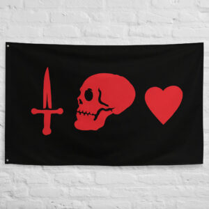 Charles Vane Pirate Flag featuring a red skull, sword, and heart on a black background representing the famous pirate captain of the Golden Age of Piracy.