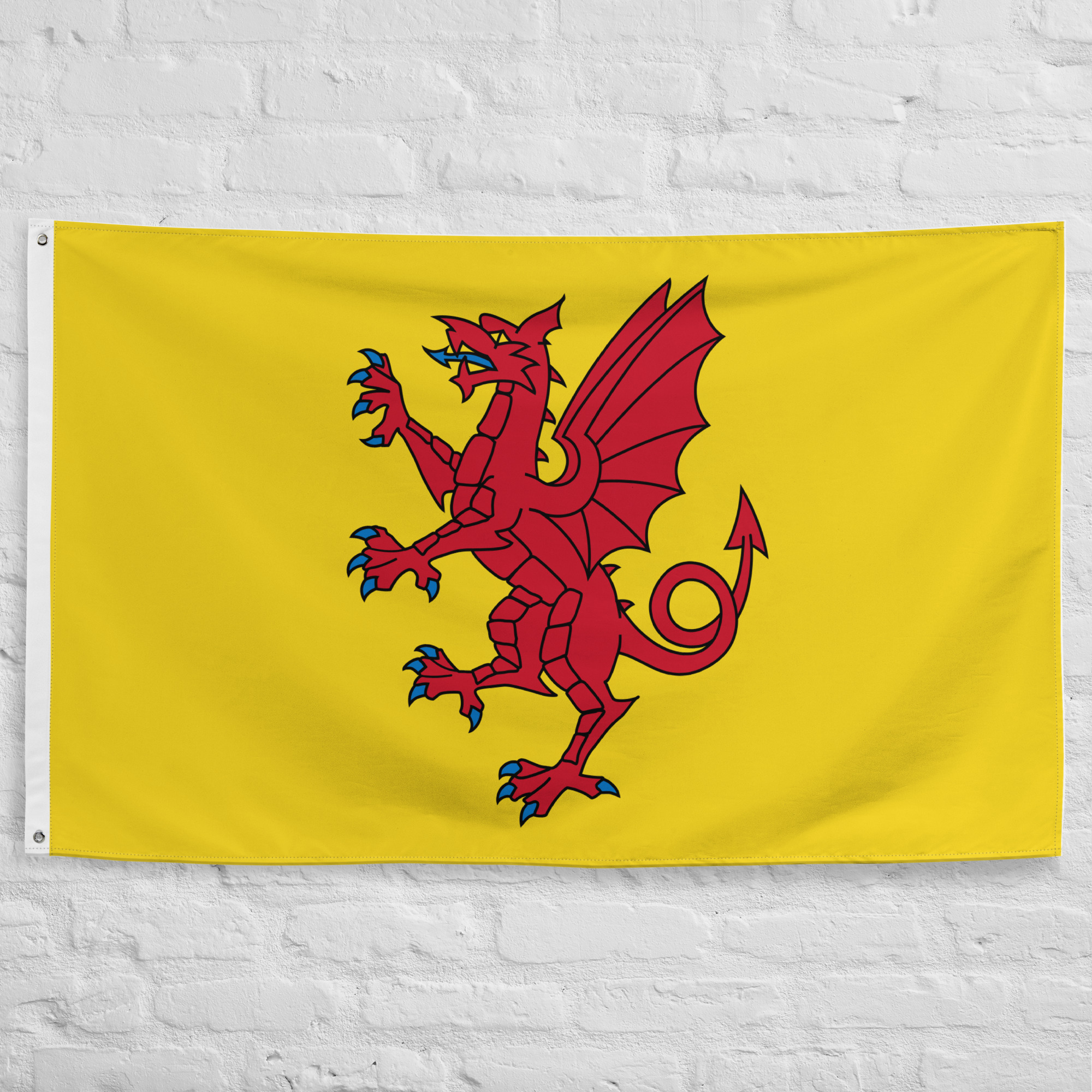 Somerset Flag featuring a red dragon on a golden field representing the historic English county of Somerset and its rich cultural heritage.