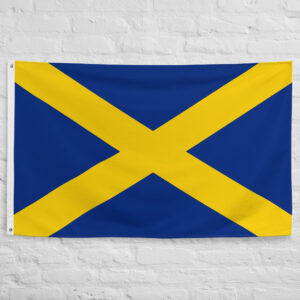Mercia Flag featuring the yellow Cross of Saint Alban on a blue background representing the historic Anglo Saxon Kingdom of Mercia.