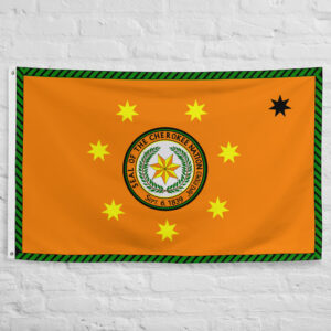 Cherokee Nation Flag featuring the Cherokee Nation seal surrounded by seven gold stars on an orange field with a green border.