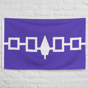 Iroquois Flag featuring the Hiawatha Belt symbol of the Haudenosaunee Confederacy on a purple Indigenous heritage banner.