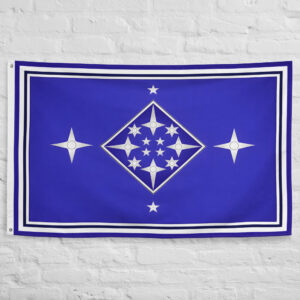 Lindon Flag featuring celestial stars and Elven symbolism inspired by the Western Elven Realm of Lindon in The Lord of the Rings and Middle Earth.