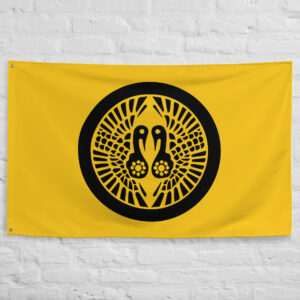 Ikko Ikki Clan Crest Flag featuring a black Japanese mon on a golden yellow background symbolizing the Buddhist Ikko Ikki movement.