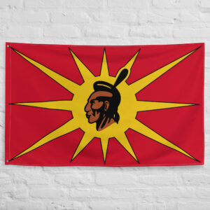 Mohawk Warriors Flag featuring a warrior profile and golden sunburst, a symbol of Mohawk heritage, Indigenous identity, and cultural pride.