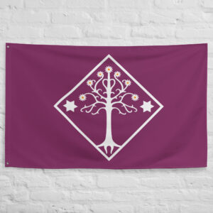 Dorwinion Flag featuring a white flowering tree and stars on a purple background inspired by the legendary wine land of Dorwinion in The Lord of the Rings and Middle Earth.