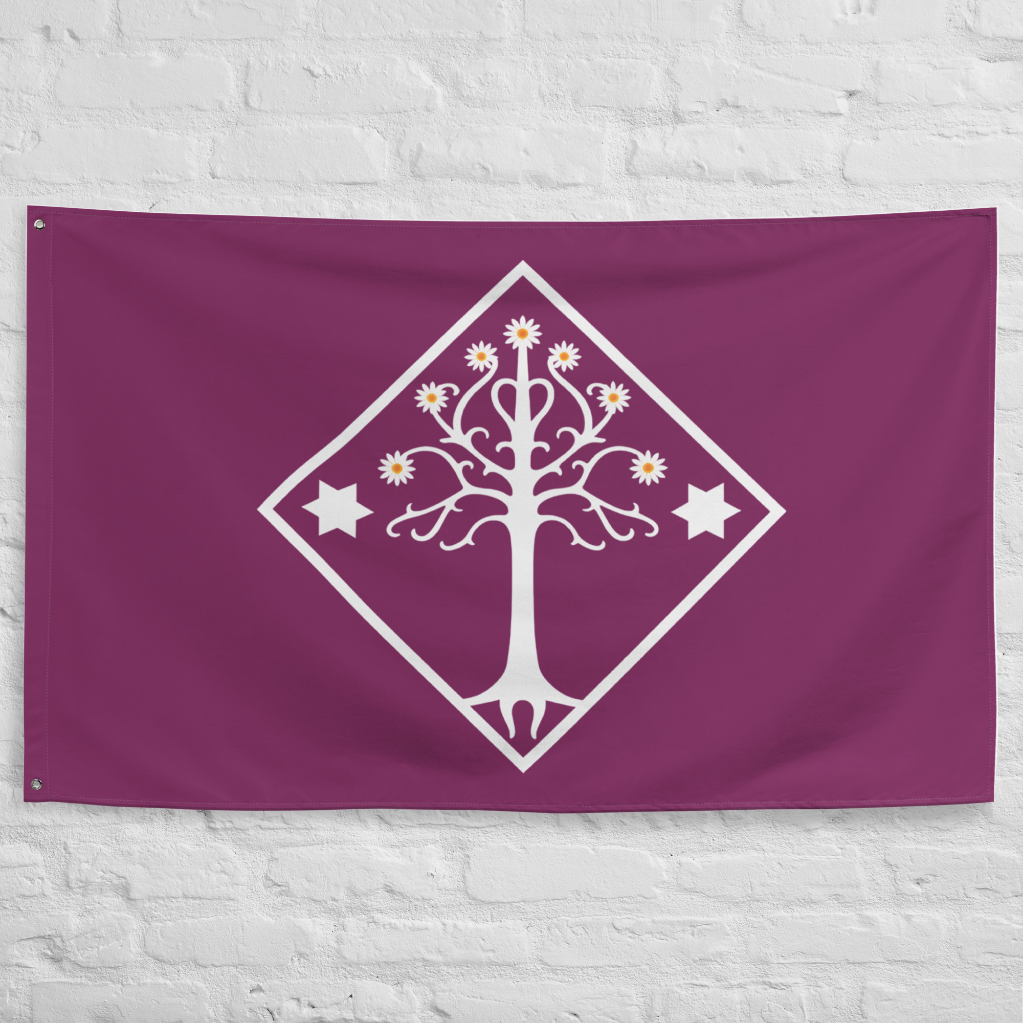 dorwinion-flag-elven-wine-land-lotr-banner Dorwinion Flag featuring a white flowering tree and stars on a purple background inspired by the legendary wine land of Dorwinion in The Lord of the Rings and Middle Earth.