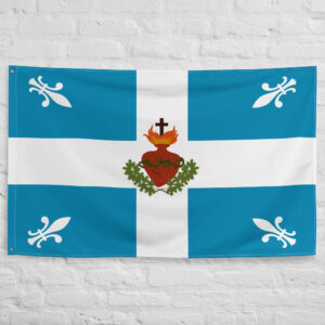 Carillon Sacre Coeur Flag featuring the Sacred Heart emblem, white cross, and fleurs de lis representing historic Quebec and French Canadian heritage.