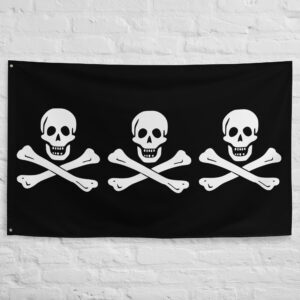 Christopher Condent Pirate Flag featuring three skull and crossbones symbols on a black Jolly Roger banner from the Golden Age of Piracy.
