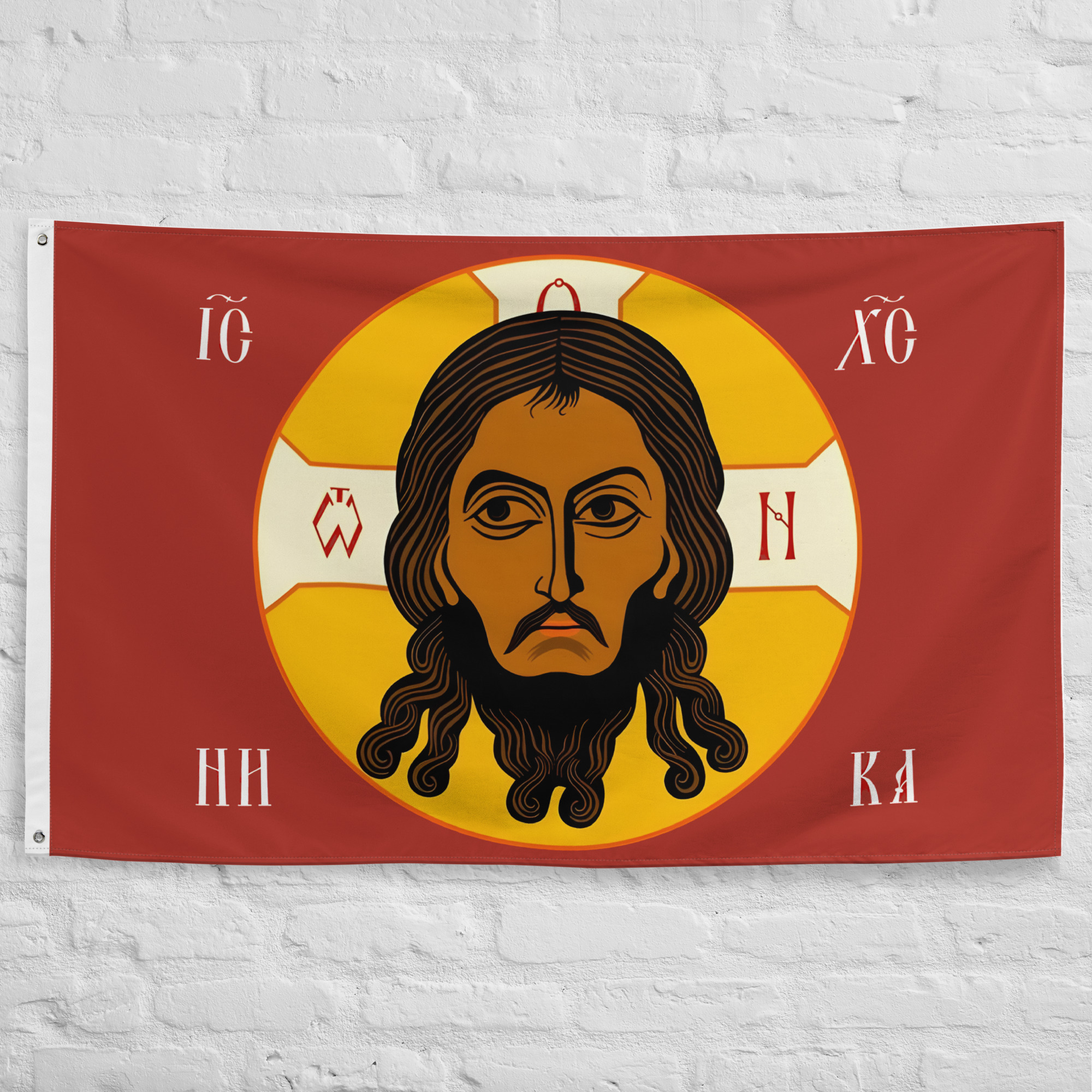 orthodox-jesus-christ-flag-holy-face.jpg Orthodox Jesus Christ Flag featuring the Holy Face icon of Christ in traditional Byzantine Christian style