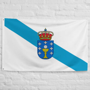 Galicia Flag featuring the blue diagonal stripe and official coat of arms representing the historic region of Galicia in northwestern Spain.