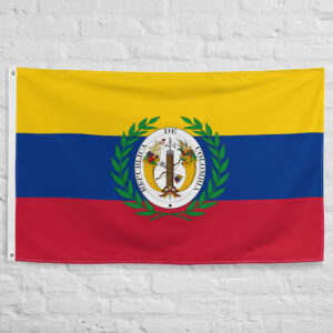 Gran Colombia Flag featuring the historic tricolor of yellow blue and red with the coat of arms of the Republic of Gran Colombia.