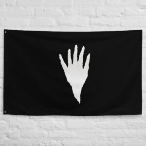 Isengard Flag from Lord of the Rings featuring the White Hand of Saruman on a black background representing the fortress of Isengard and its armies.
