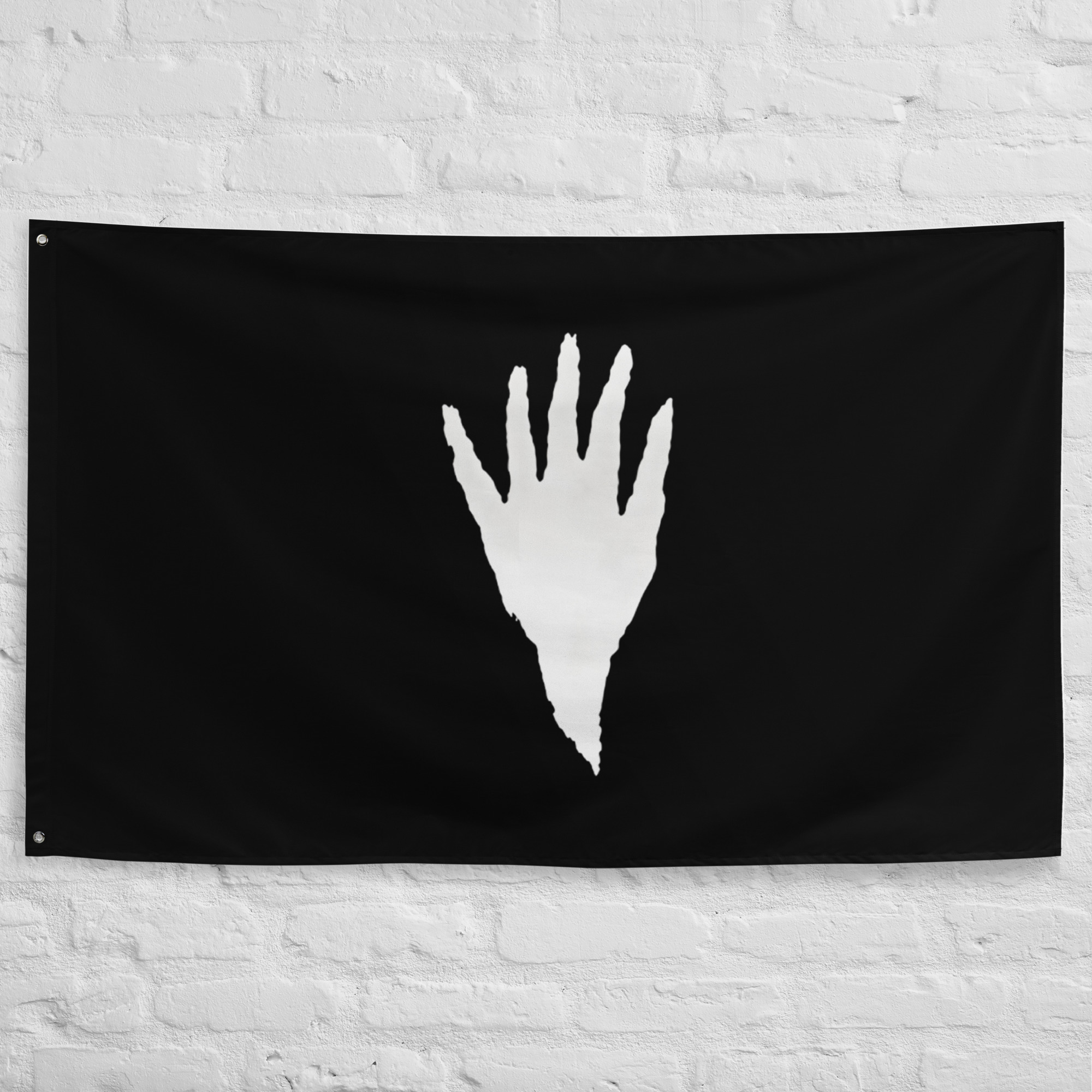isengard-flag-lord-of-the-rings-white-hand-banner Isengard Flag from Lord of the Rings featuring the White Hand of Saruman on a black background representing the fortress of Isengard and its armies.