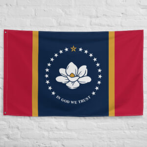 Mississippi State Flag featuring the official magnolia blossom design and In God We Trust motto of Mississippi USA