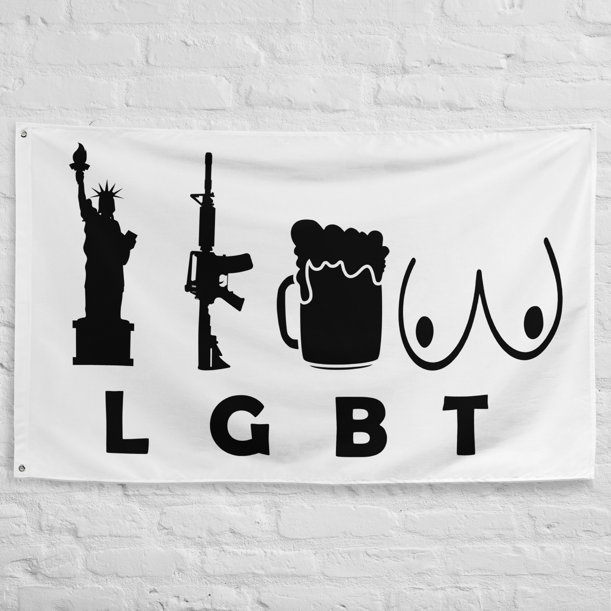 funny-lgbt-flag-liberty-guns-beer-banner Funny LGBT Flag featuring Liberty, Guns, Beer, and a humorous parody design on a white background for novelty decor and comedy-themed displays.