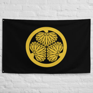 Tokugawa Clan Crest Flag featuring the famous golden triple hollyhock crest on a black background representing the Tokugawa Shogunate and Japanese samurai heritage.