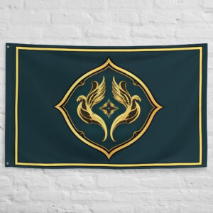 Kingdom of Dale Flag featuring twin golden birds and heraldic symbolism inspired by The Lord of the Rings and the realm of Dale in Middle Earth.