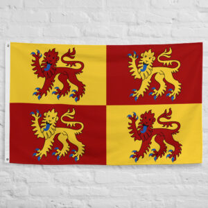 Gwynedd Kingdom Flag featuring four lion rampant symbols on red and gold quarters representing the historic medieval Welsh kingdom of Gwynedd.