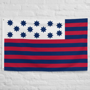 Guilford Courthouse Flag featuring thirteen stars and red blue stripes representing the American Revolutionary War and the Battle of Guilford Courthouse in 1781.