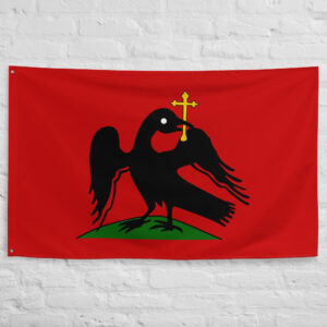 Wallachia Flag featuring a black raven holding a golden cross on a red background representing the historic Principality of Wallachia and Romanian medieval heritage.