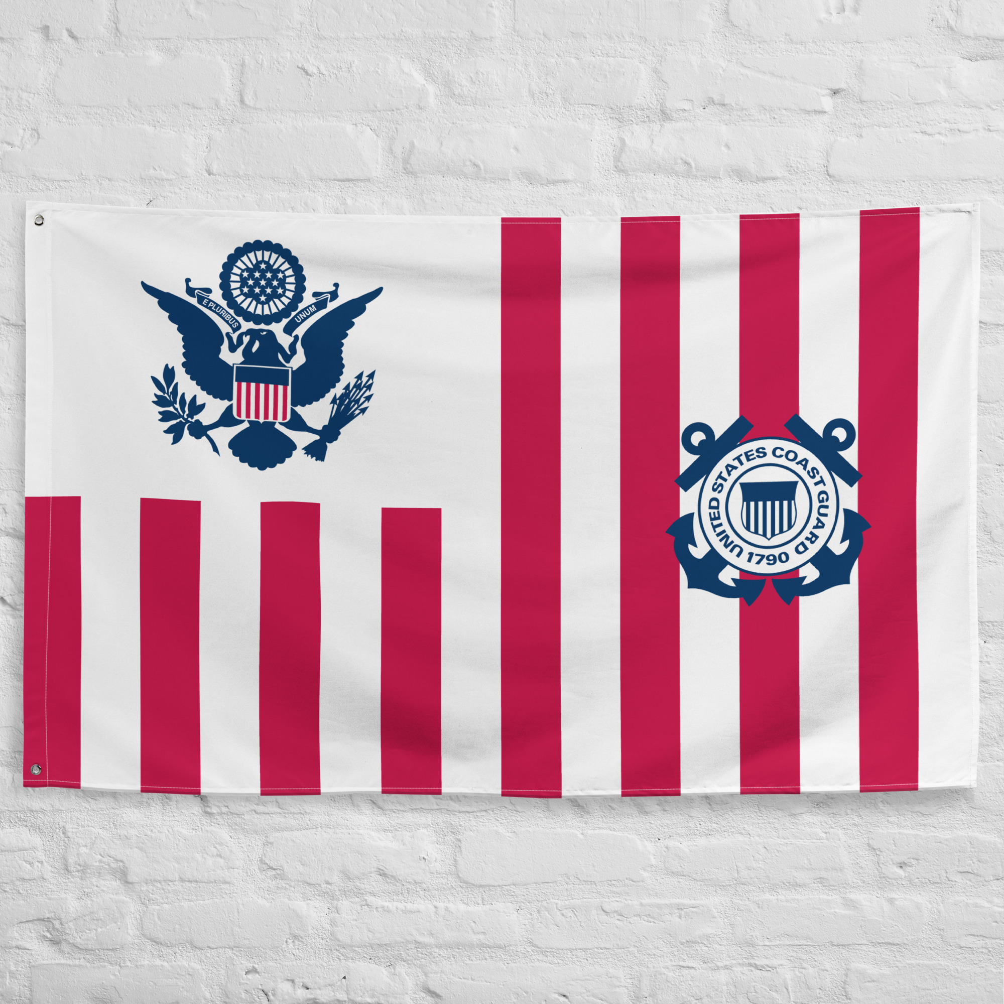us-coast-guard-flag-patriotic-maritime-service-banner US Coast Guard Flag featuring official United States Coast Guard emblems with patriotic red and white stripes representing maritime service, rescue operations, and national security.