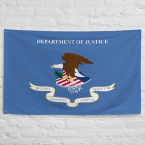 U.S. Department of Justice Flag featuring the official DOJ eagle emblem on a blue federal agency banner