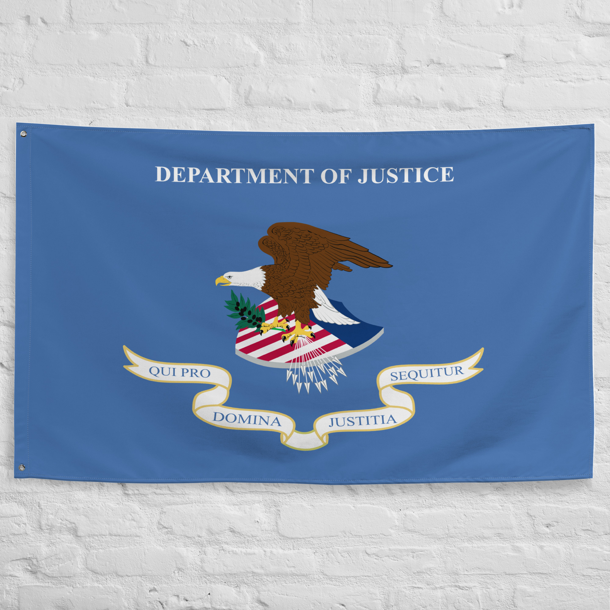 us-department-of-justice-flag.jpg U.S. Department of Justice Flag featuring the official DOJ eagle emblem on a blue federal agency banner