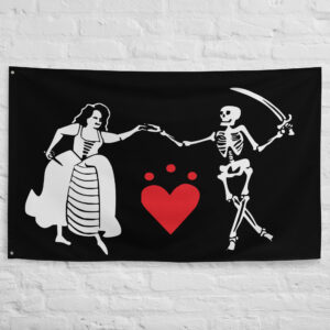 Jacquotte Delahaye Pirate Flag featuring a dancing woman, skeleton, and red heart on a black Jolly Roger banner inspired by pirate folklore.