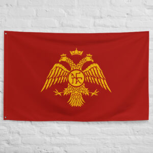 Byzantine Empire Flag featuring a golden double-headed eagle on a red background representing the Eastern Roman Empire and Byzantine imperial heritage.