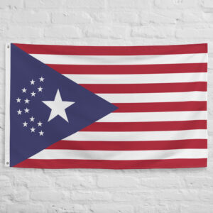 NUSA Flag from Cyberpunk 2077 featuring the emblem of the New United States of America on a red white and blue futuristic banner