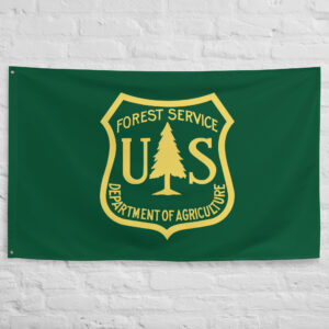 US Forest Service Flag featuring the official green and gold USFS shield emblem representing the United States Forest Service and forest conservation.