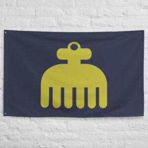 Imagawa Clan Crest Flag featuring the historic Imagawa family mon in gold on a dark blue background representing a powerful samurai clan of feudal Japan.
