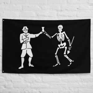 Bartholomew Roberts Pirate Flag featuring a pirate and skeleton raising a toast on a black background symbolizing the famous Black Bart Jolly Roger.