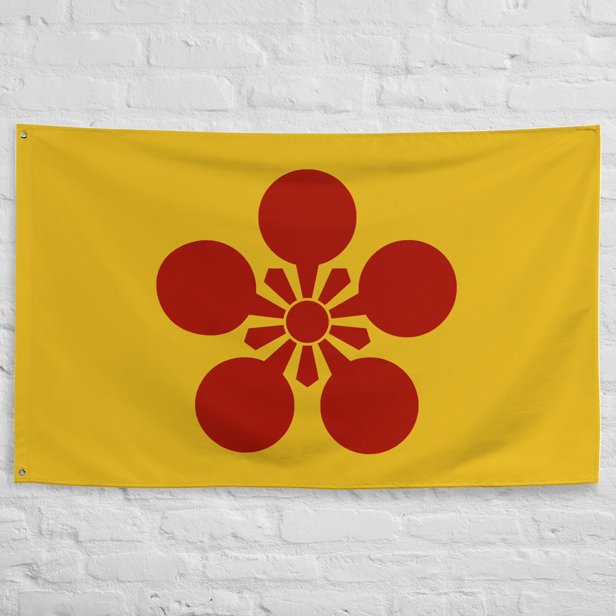 maeda-clan-crest-flag.jpg Maeda Clan Crest Flag featuring the historic red plum blossom mon on a yellow background representing one of Japan's most powerful samurai clans.