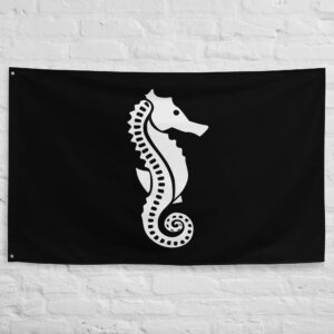 A. Newman Pirate Flag featuring a white seahorse emblem on a black field, historic Jolly Roger banner associated with pirate and maritime traditions.