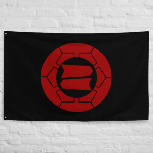 Hattori Clan Crest Flag featuring a red Japanese samurai clan emblem on a black banner inspired by feudal Japan heritage.