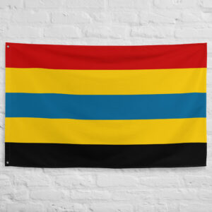 Aromanian Flag featuring red, yellow, blue, yellow, and black horizontal stripes representing Aromanian heritage, culture, and identity in the Balkans.