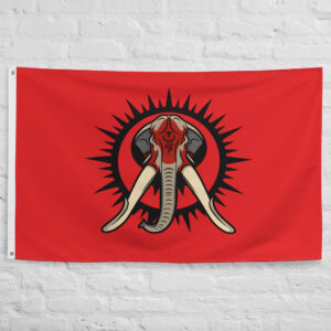Harad War Elephant Flag featuring a powerful Mûmakil emblem on a crimson background inspired by the southern kingdoms of Harad in The Lord of the Rings and Middle Earth.