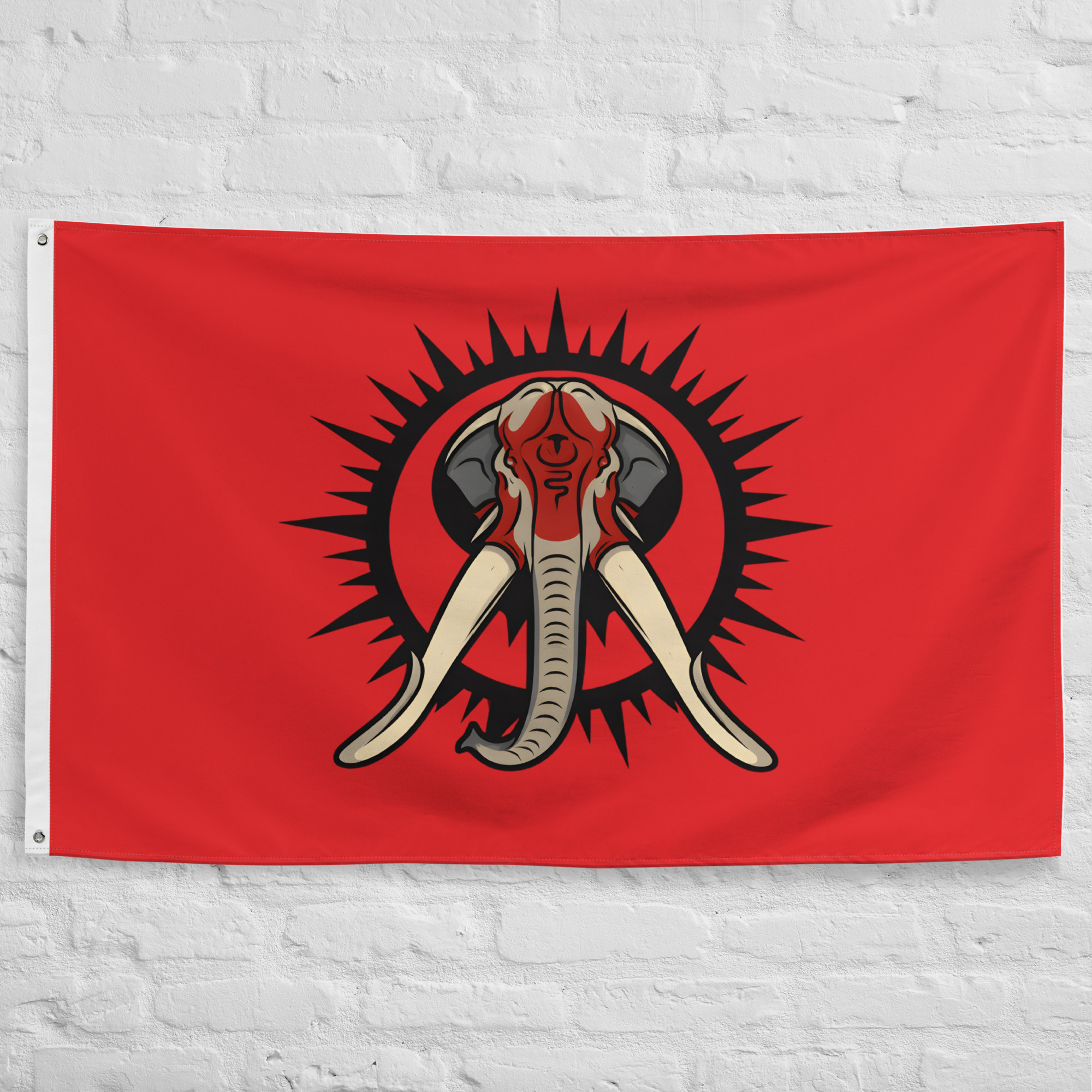 harad-war-elephant-flag-lotr-fantasy-banner Harad War Elephant Flag featuring a powerful Mûmakil emblem on a crimson background inspired by the southern kingdoms of Harad in The Lord of the Rings and Middle Earth.