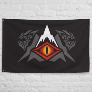 Mount Gundabad Flag featuring a fiery eye beneath a mountain peak inspired by the ancient Orc stronghold of Mount Gundabad in The Lord of the Rings and Middle Earth.