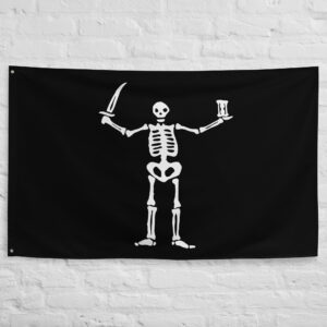 Captain Flint Pirate Flag featuring a skeleton holding a cutlass and hourglass on a black background