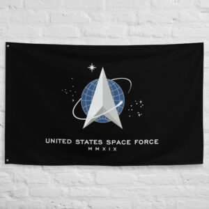United States Space Force Flag featuring the official Space Force emblem with orbital elements and stars on a black background.