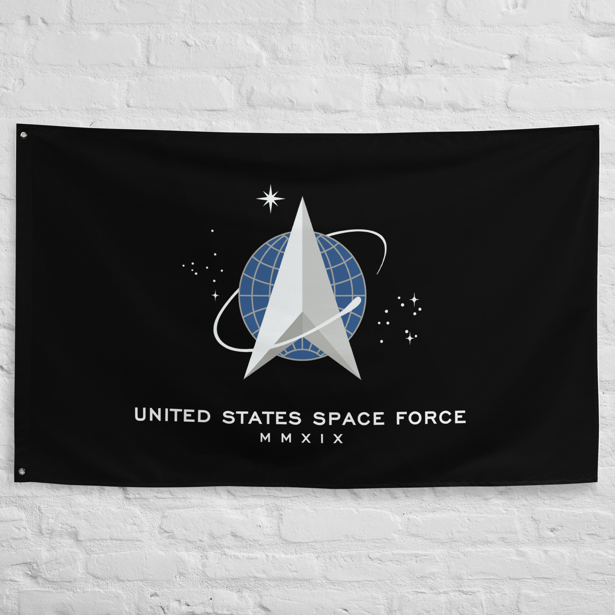 united-states-space-force-flag-official-military-space-banner United States Space Force Flag featuring the official Space Force emblem with orbital elements and stars on a black background.