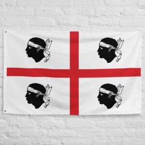 Kingdom of Sardinia Flag featuring the Four Moors emblem and Saint George Cross representing the historic Kingdom of Sardinia and Sardinian heritage.