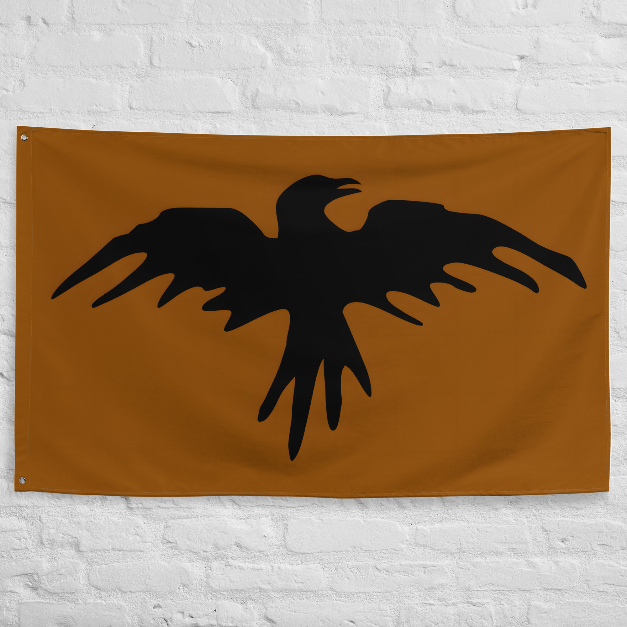 dunland-flag-wild-men-middle-earth-banner Dunland Flag featuring a black crow emblem on a brown background representing the Wild Men of Dunland and their rugged homeland in Middle-earth.