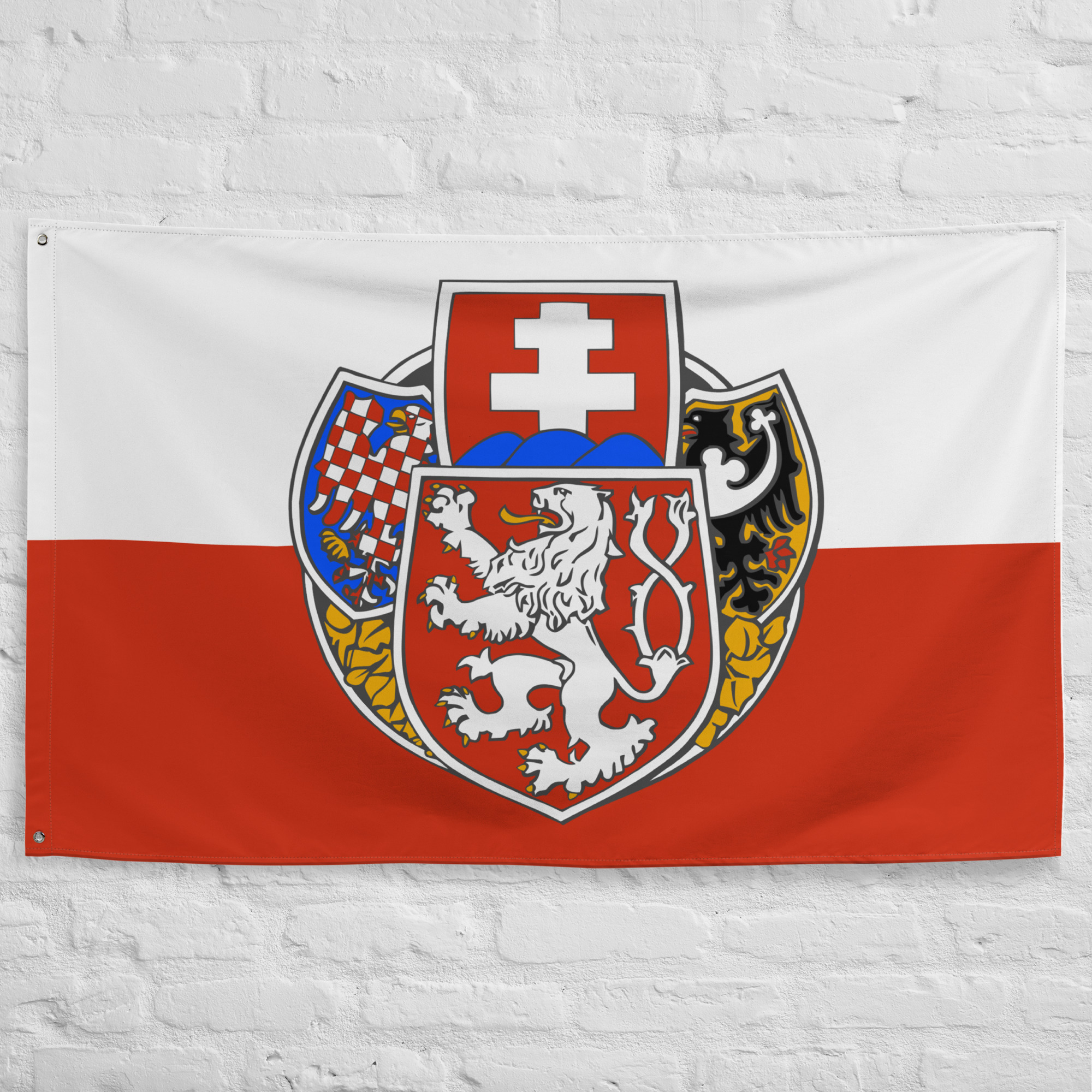 Czechoslovak Legion Flag featuring historic Czech and Slovak heraldic symbols on a red and white banner