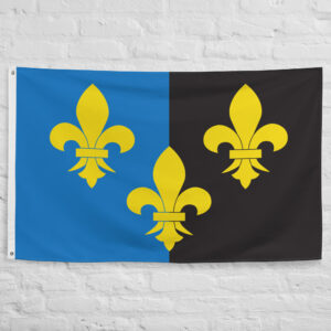 Monmouthshire Flag featuring three golden fleurs-de-lis on a blue and black field representing the historic county of Monmouthshire in Wales.