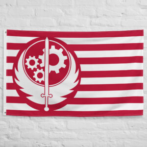 Brotherhood of Steel Flag from Fallout featuring the iconic sword, wings, and gears emblem on a red and white faction banner.