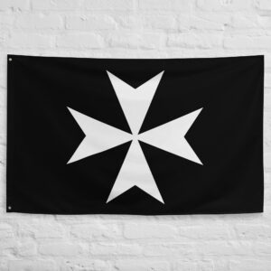 Knights of Malta Flag featuring the white Maltese Cross on a black banner associated with the Knights Hospitaller and Order of St John.